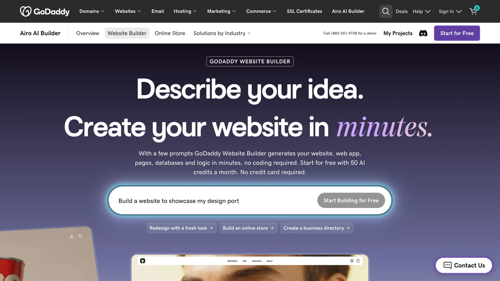 GoDaddy website builder page