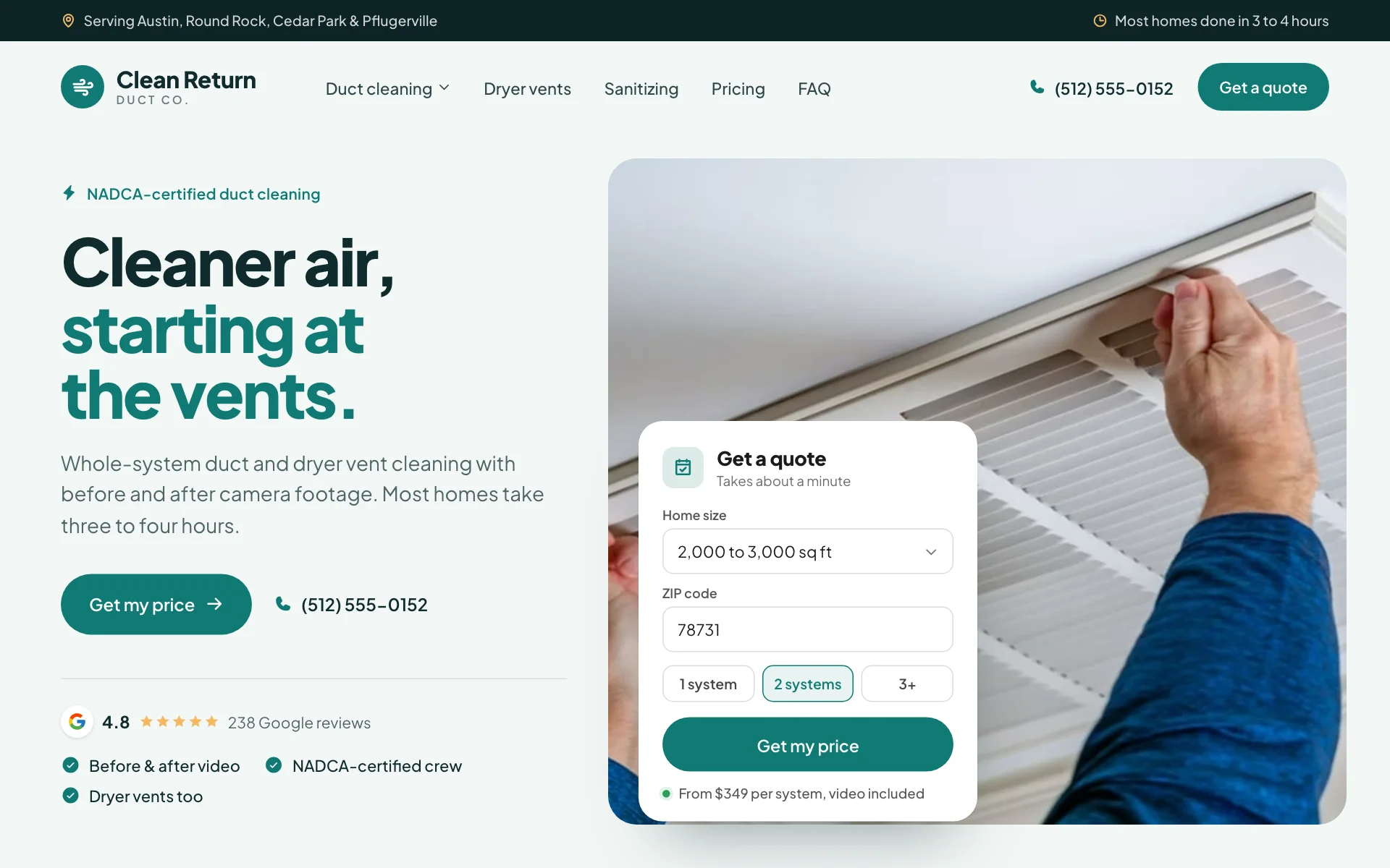 AI website for an air duct cleaning company, built with Pantora