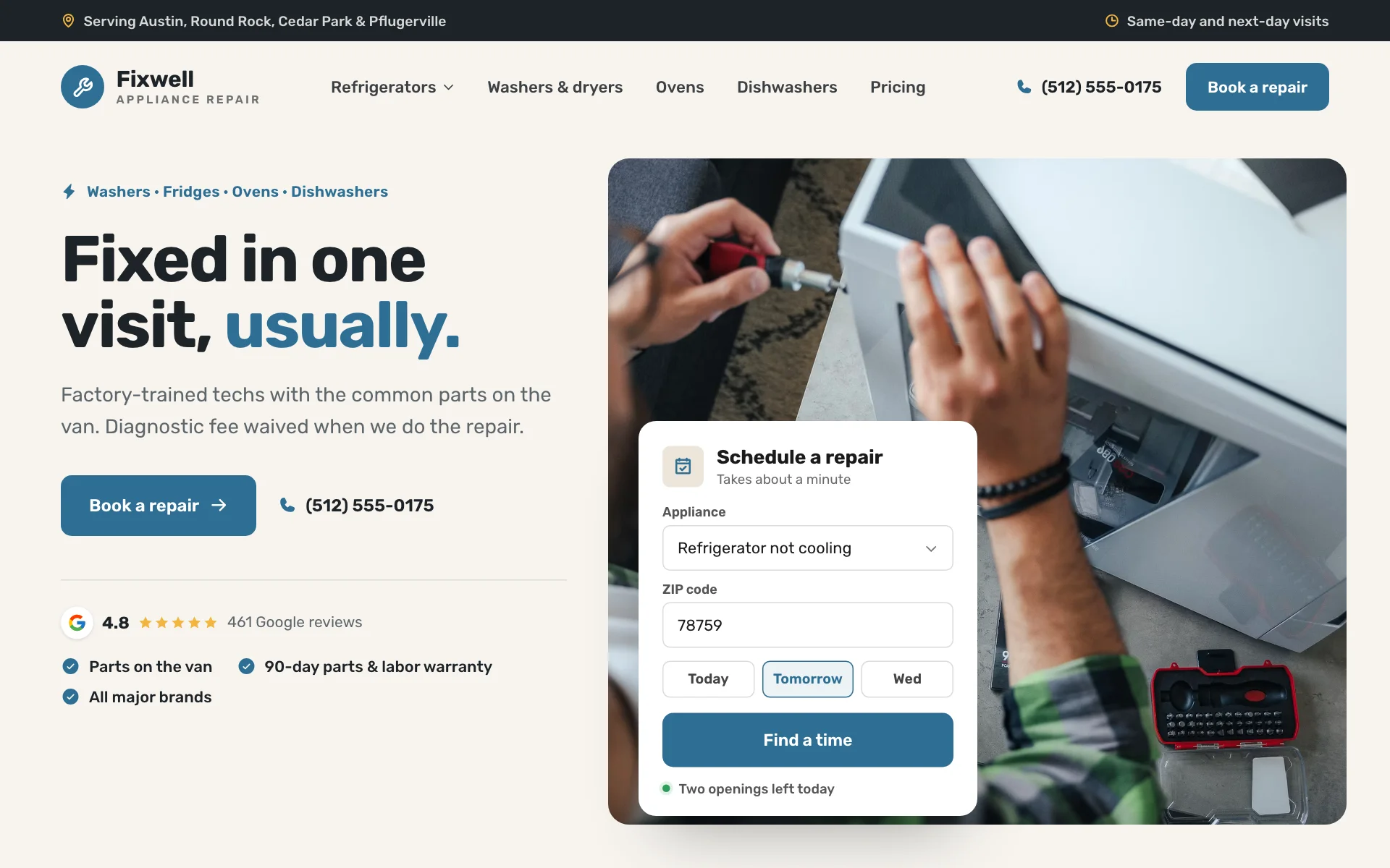 AI website for an appliance repair company, built with Pantora