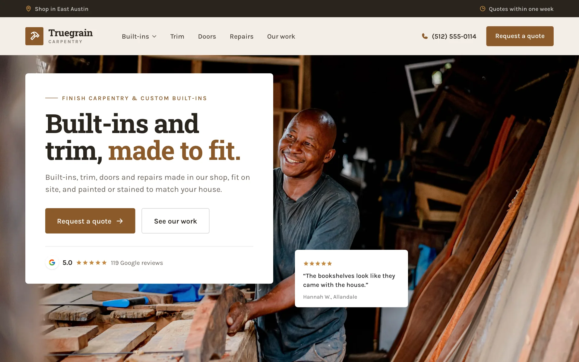 AI website for a carpentry business, built with Pantora