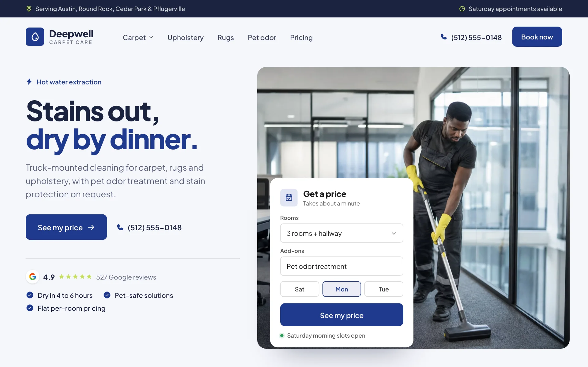 AI website for a carpet cleaning company, built with Pantora