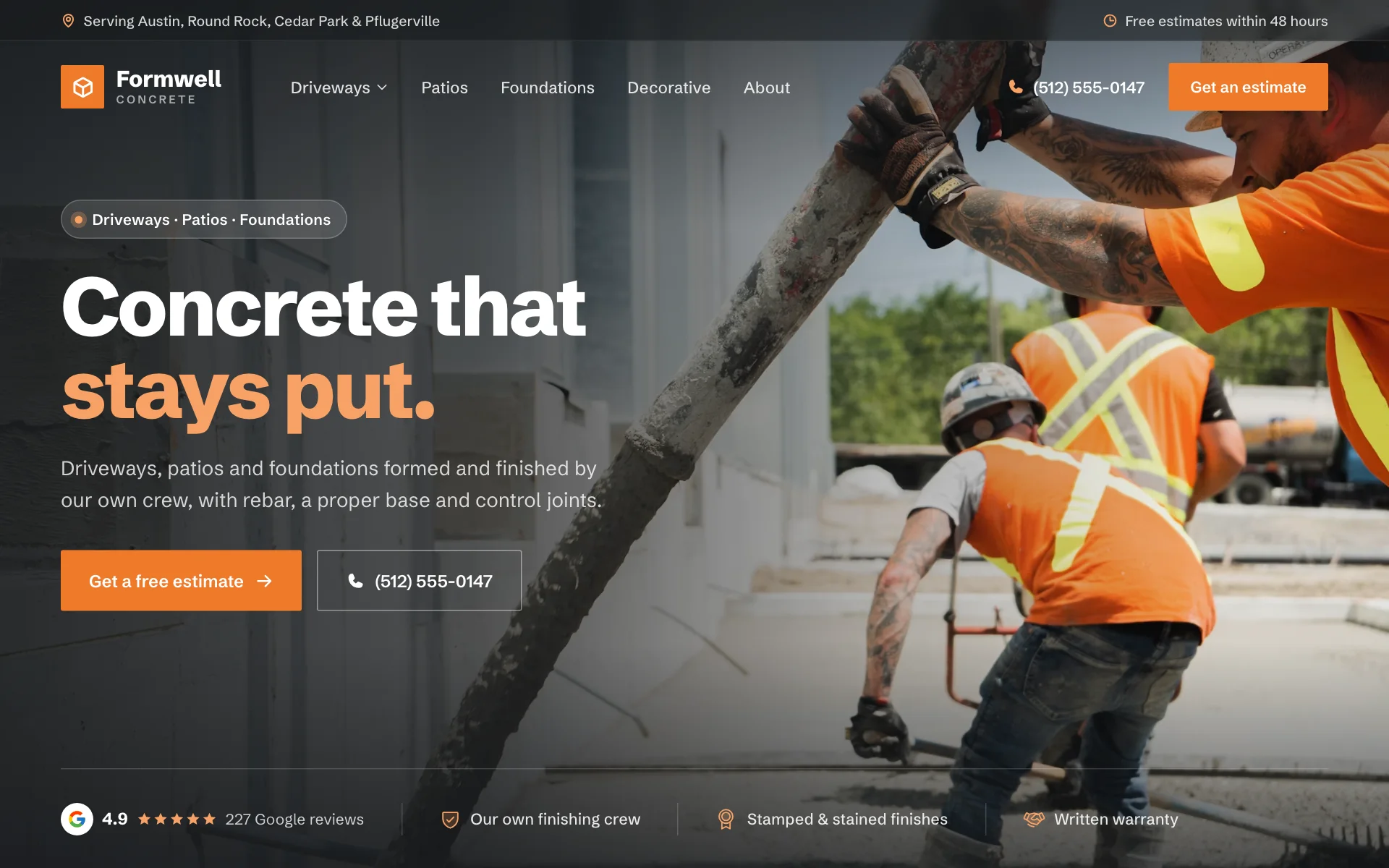 AI website for a concrete company, built with Pantora