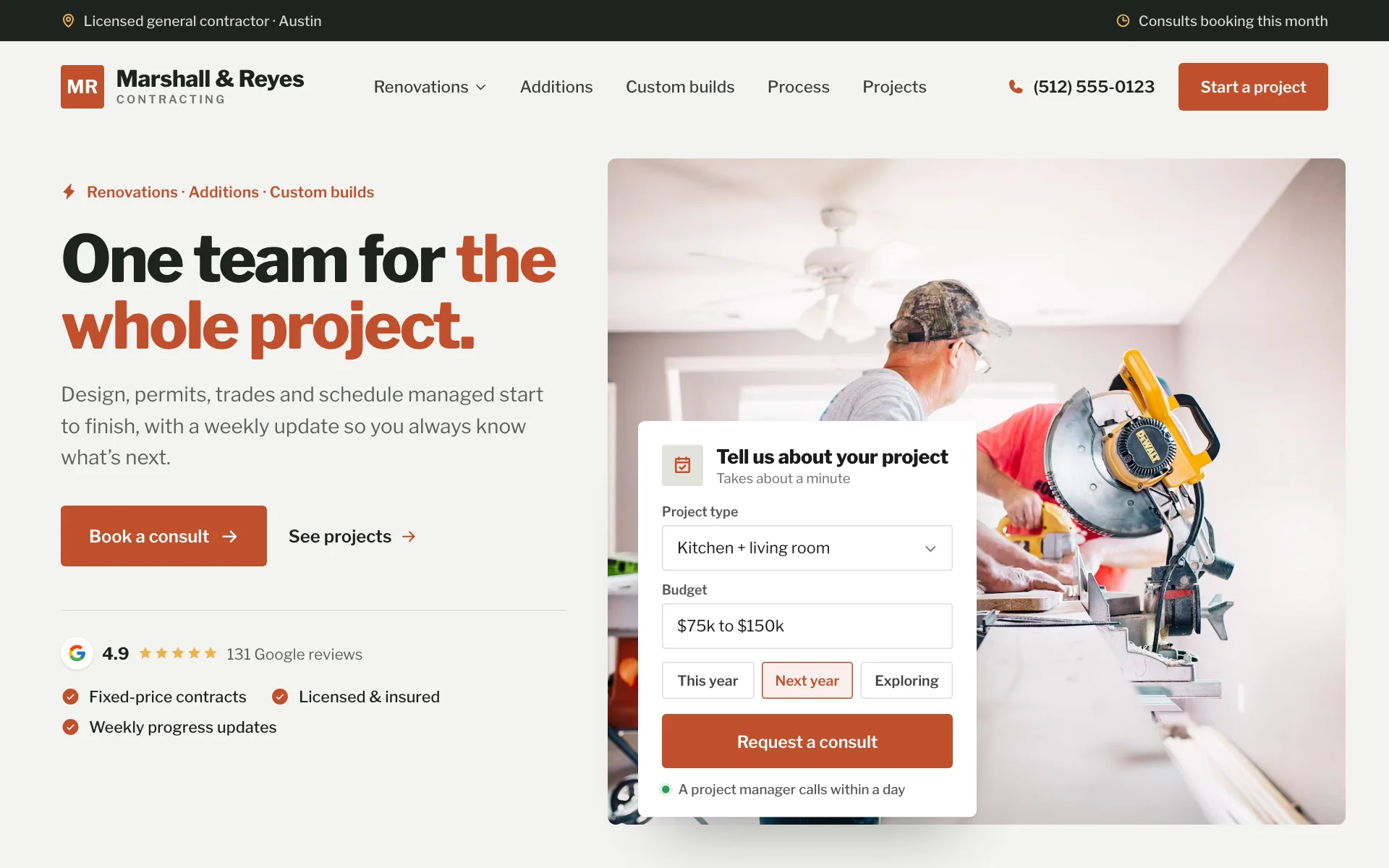 AI website for a general contracting company, built with Pantora