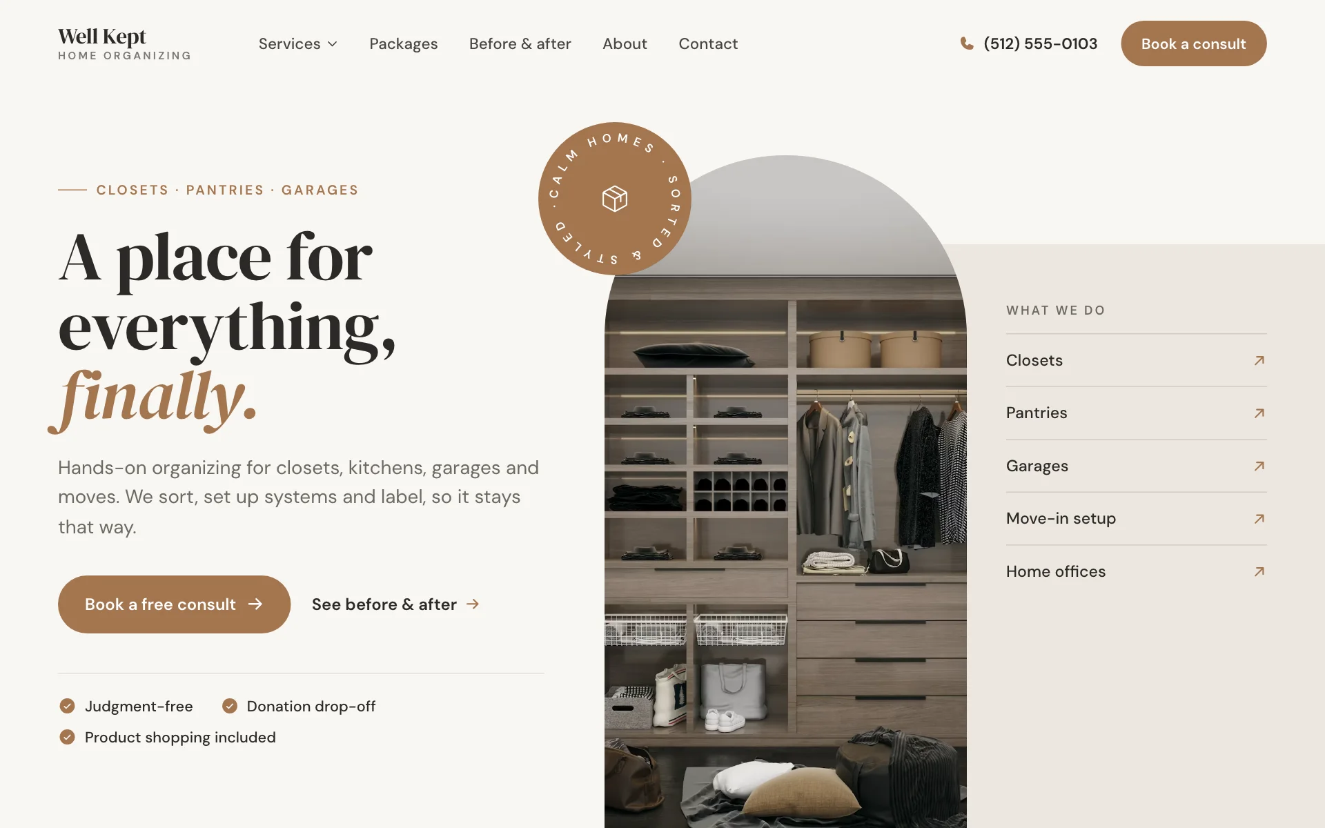 AI website for a home organizing business, built with Pantora