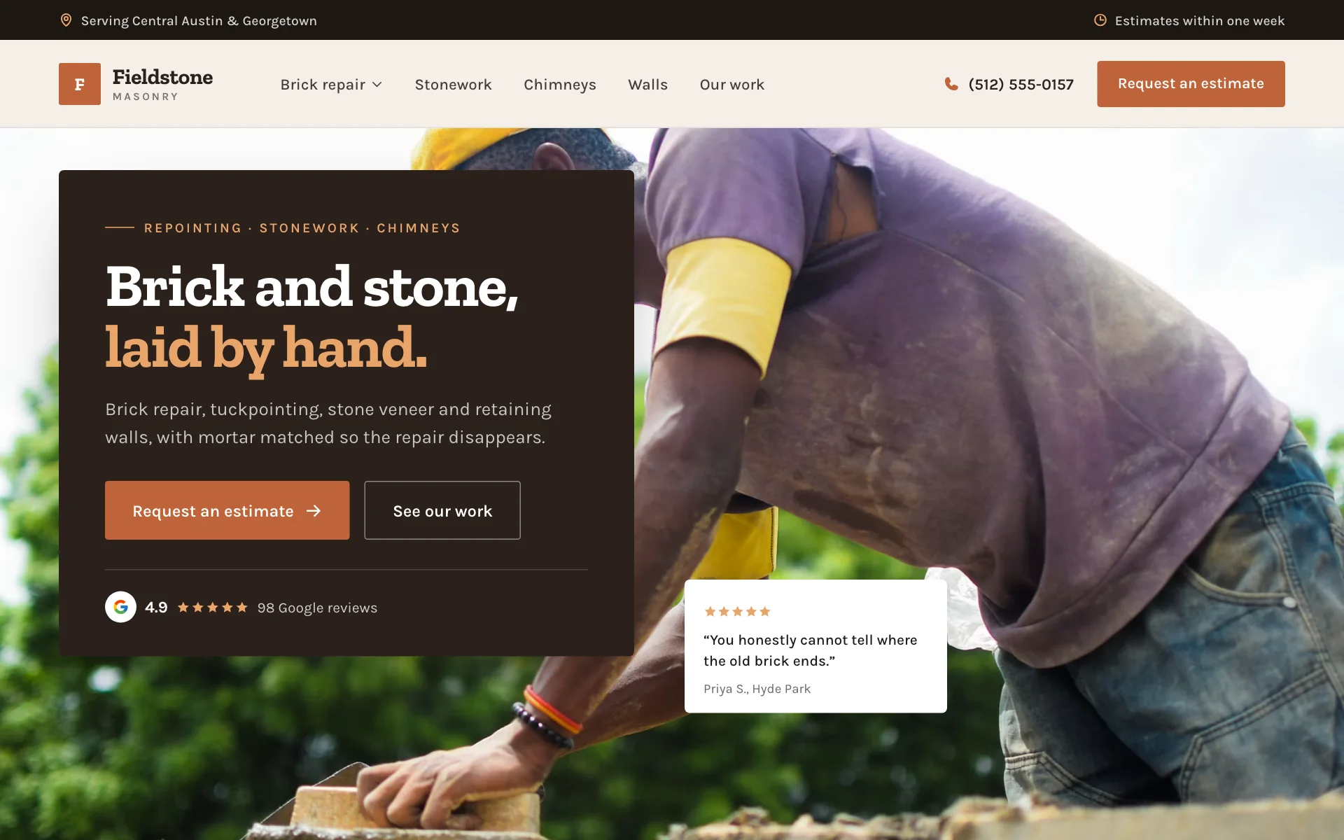 AI website for a masonry company, built with Pantora