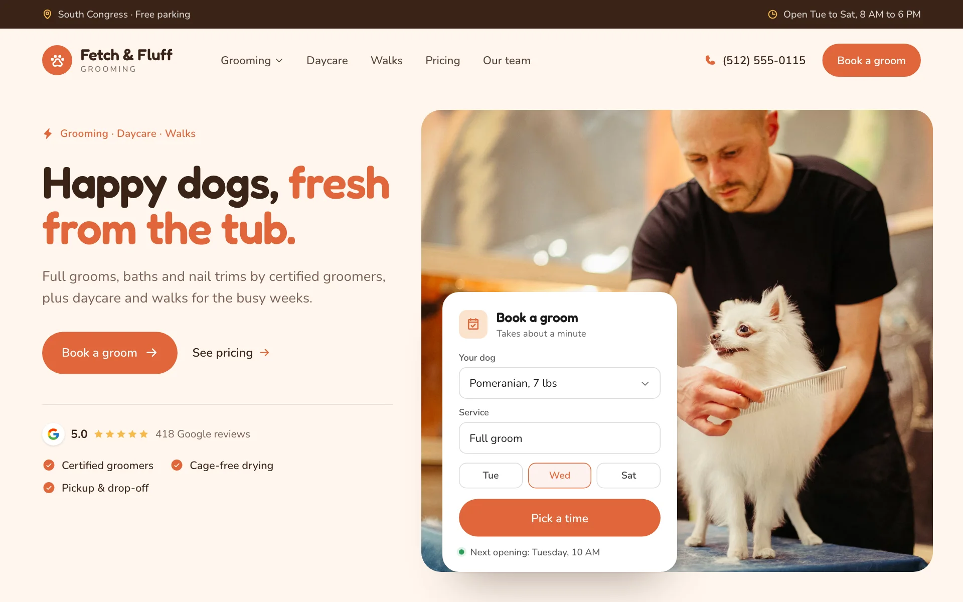 AI website for a pet care business, built with Pantora