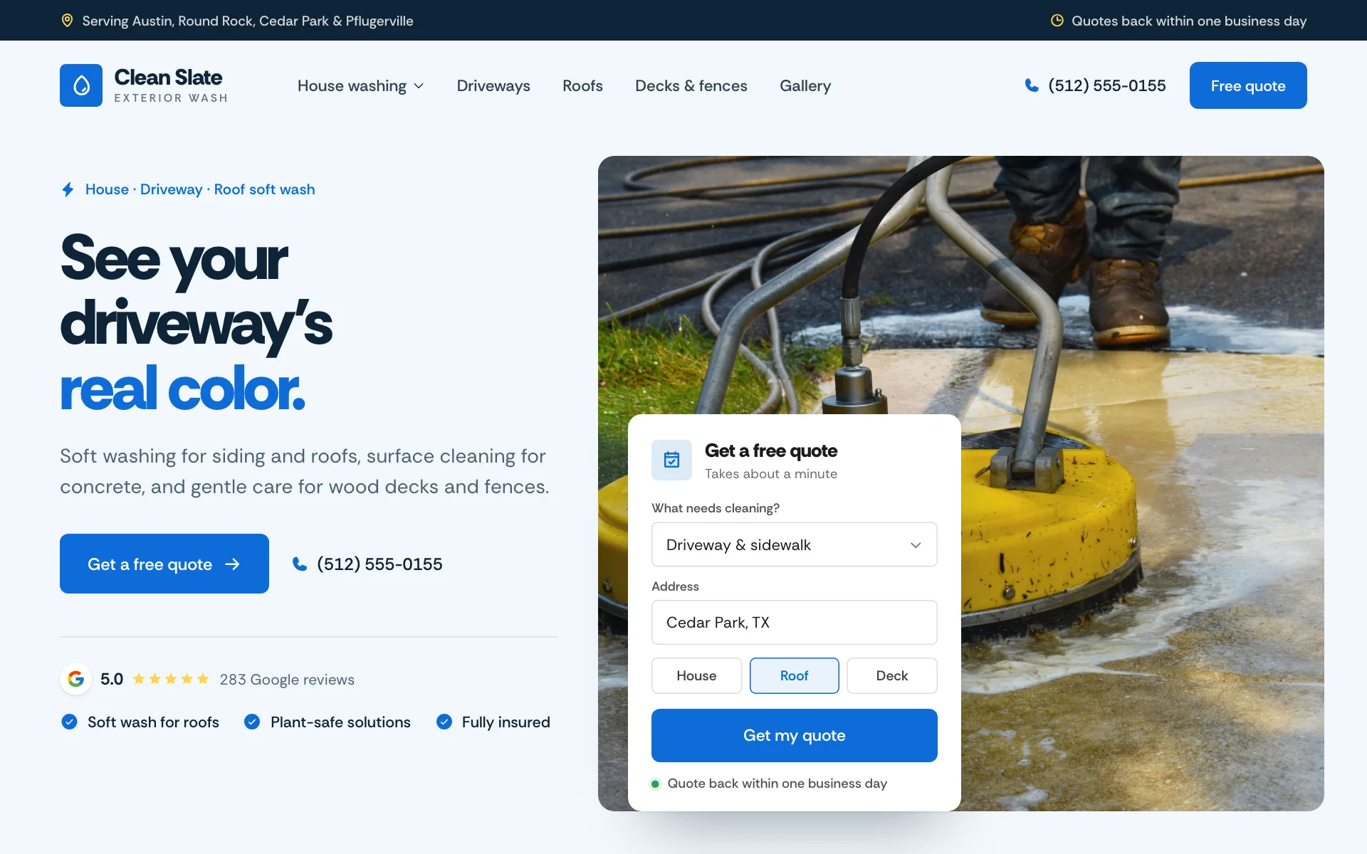 AI website for a pressure washing company, built with Pantora