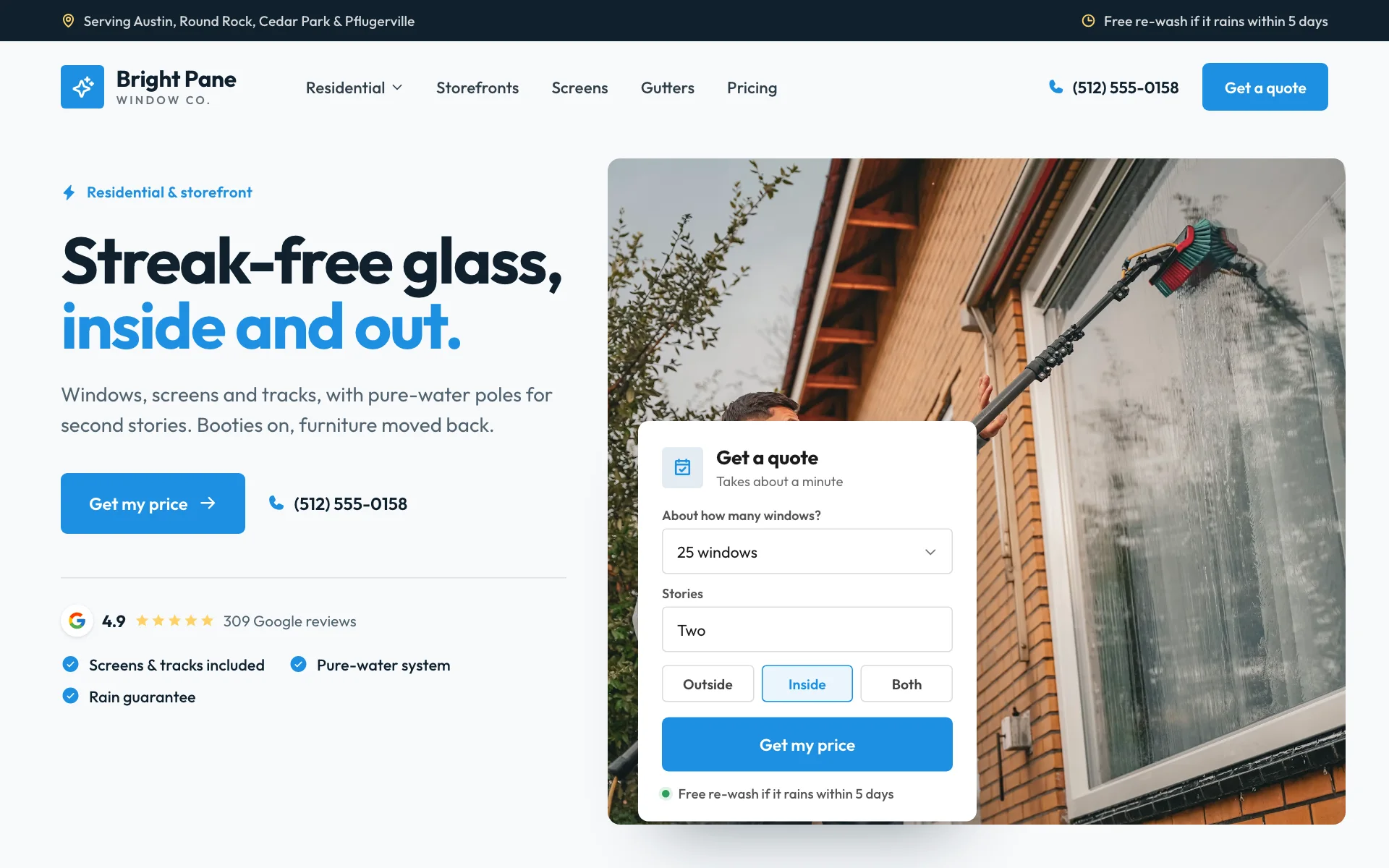 AI website for a window cleaning company, built with Pantora