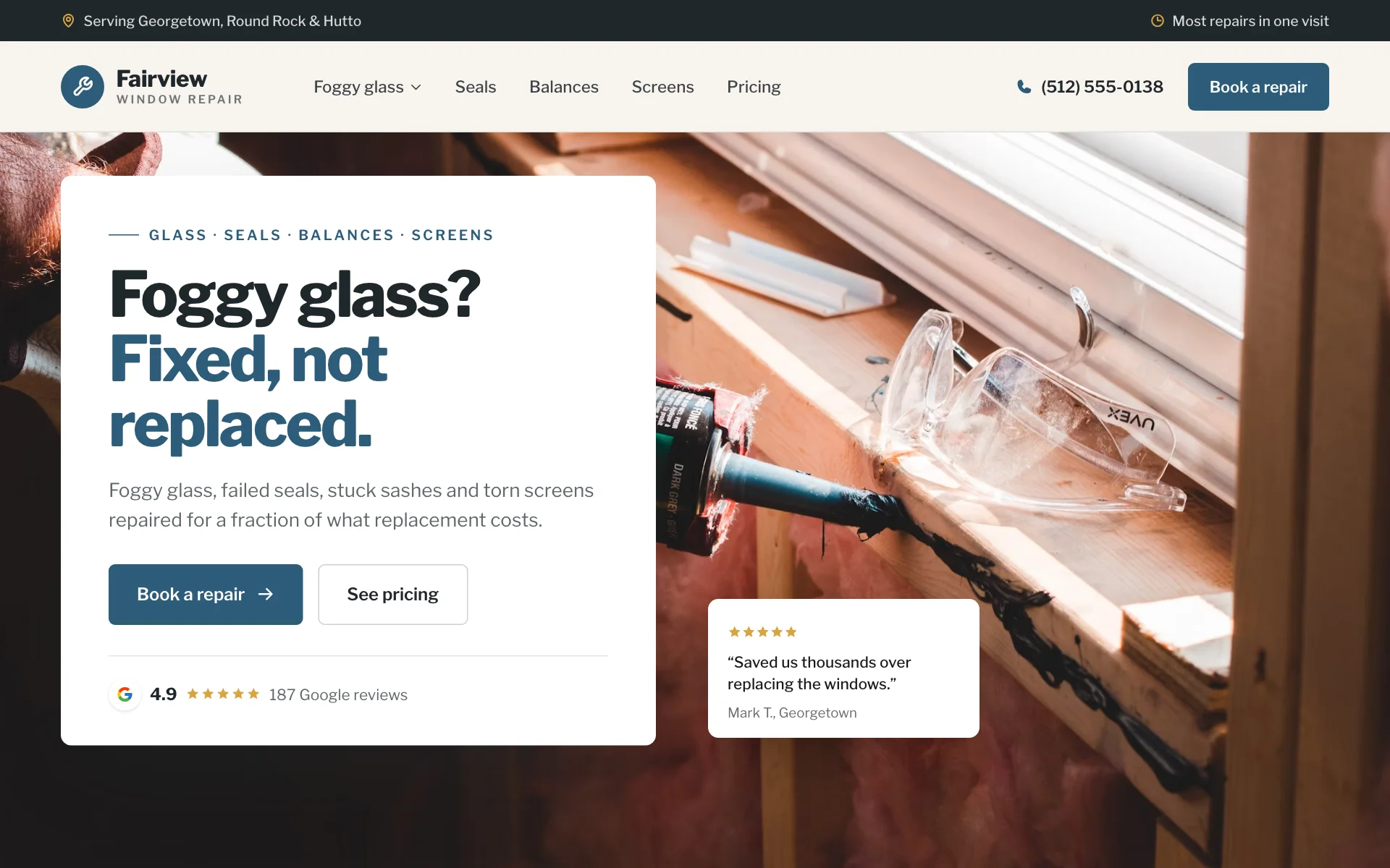 AI website for a window repair company, built with Pantora
