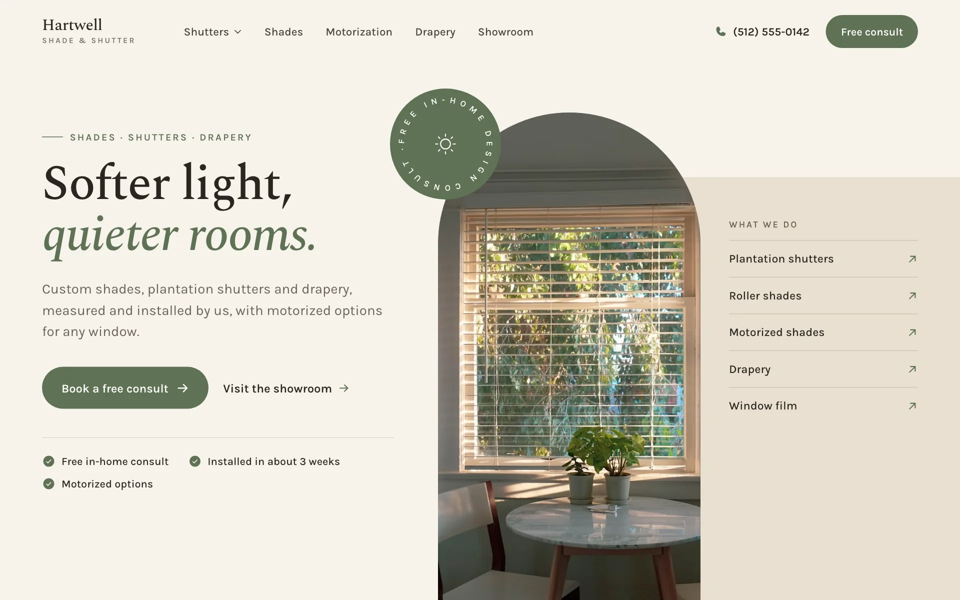 AI website for a window treatment company, built with Pantora